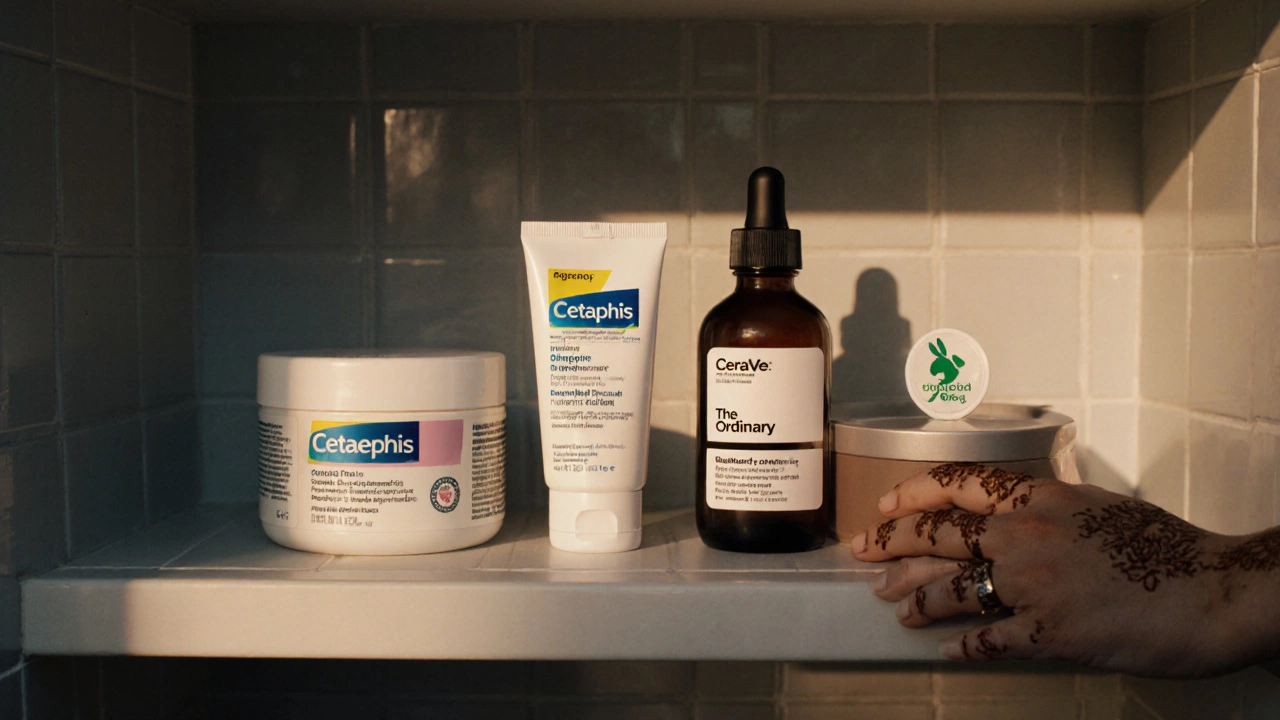 Bathroom shelf with Aveeno beside certified cruelty‑free products, hand selecting an ethical option.