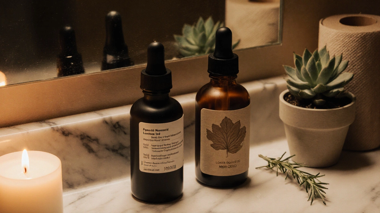 Bathroom vanity with medical-grade serum and organic moisturizer displayed together.