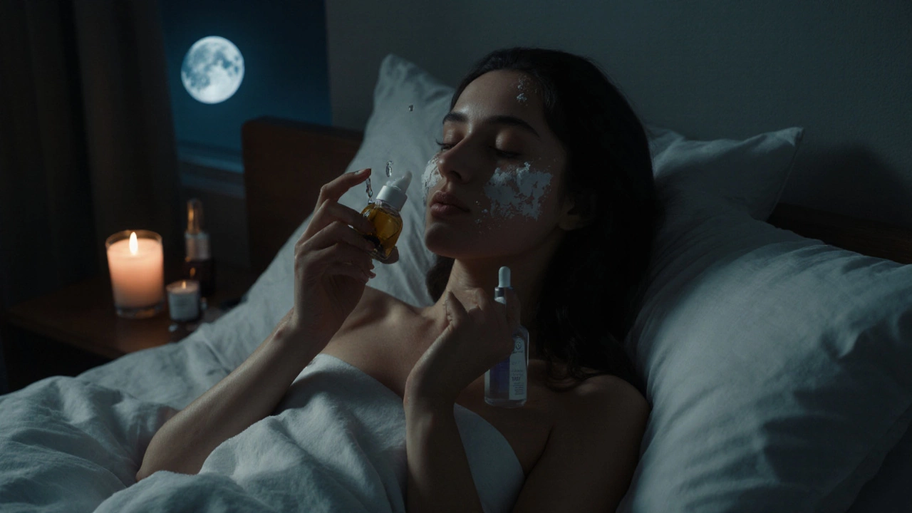 Close‑up of nighttime skincare steps: double cleanse, exfoliant, serum, and moisturizer under soft candlelight.