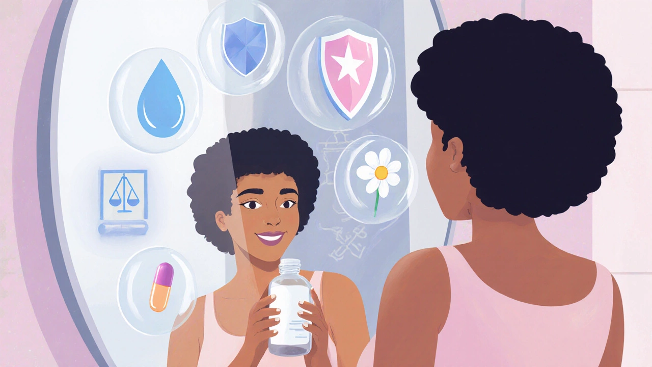 Consumer holding moisturizer with floating icons representing cosmetic and drug elements.