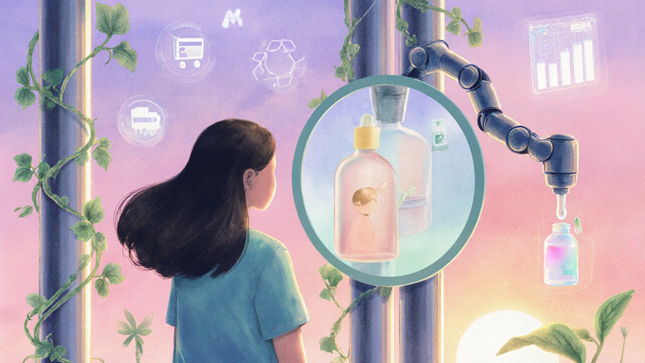 Consumer using AR mirror, recyclable serum bottle, and green vines symbolize sustainable future beauty.