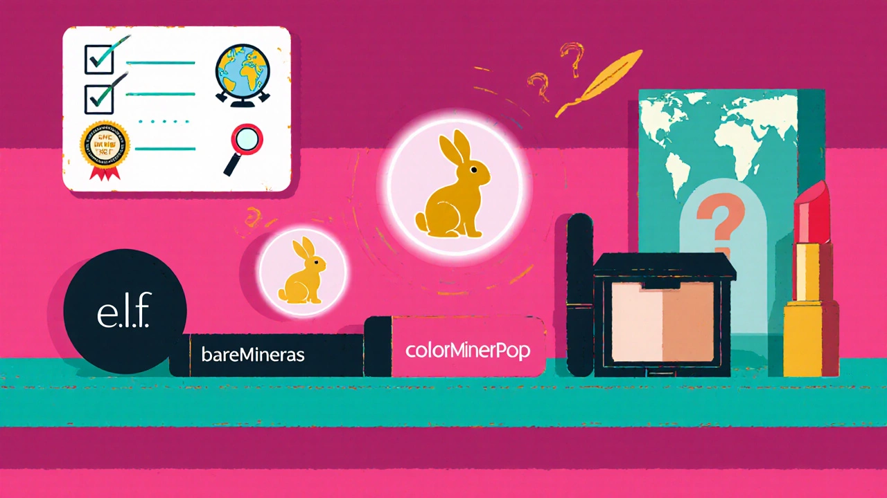 Cosmetics shelf showing certified brands with bunny badges and Almay without a badge.