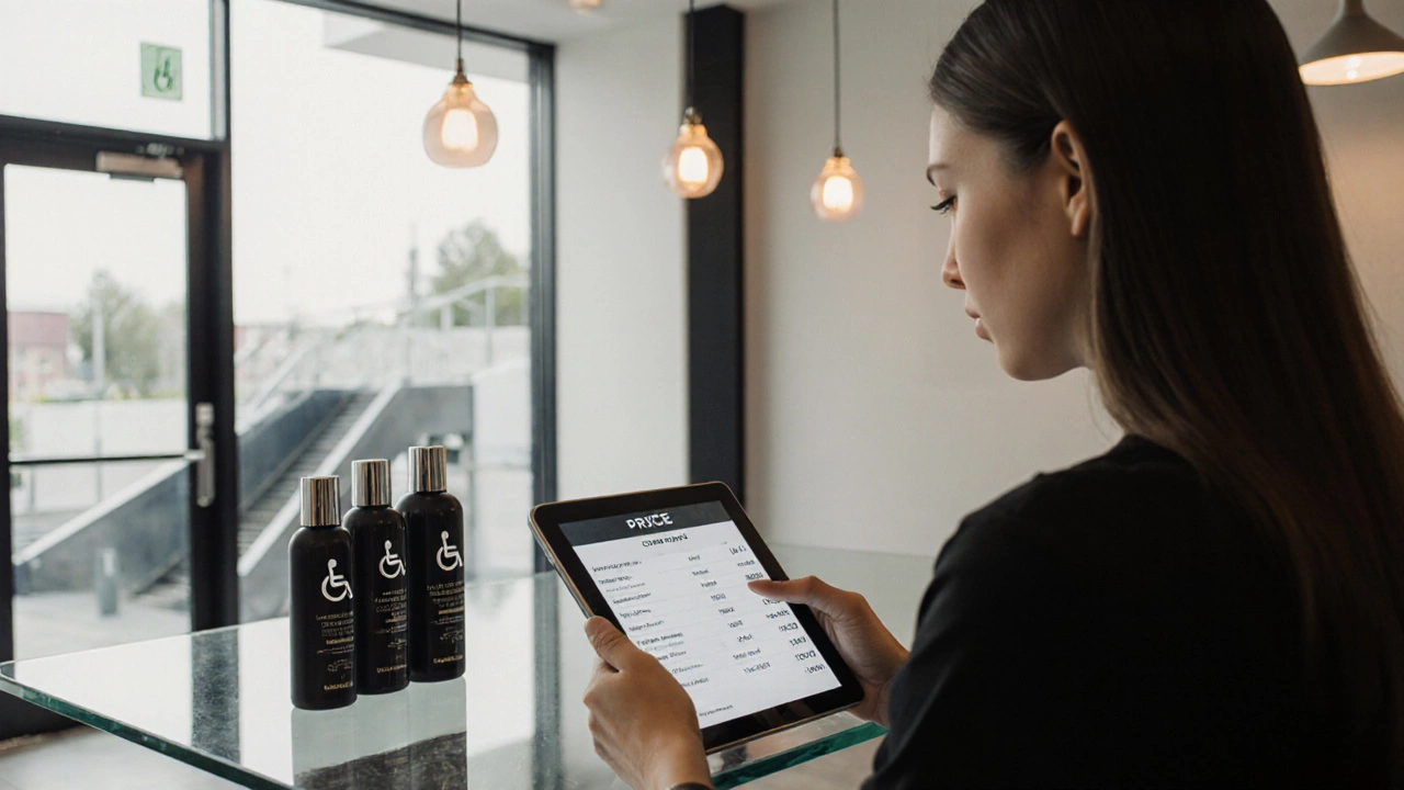Customer reviewing a transparent price list on a tablet beside premium product bottles and a visible wheelchair ramp outside.