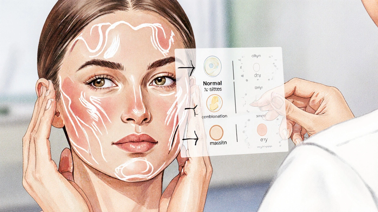 Dermatologist assessing skin type on a client&#039;s face with pastel watercolor illustration.