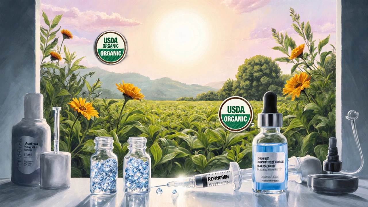 Dermatologist lab with vials of actives beside a field of green tea and calendula plants.