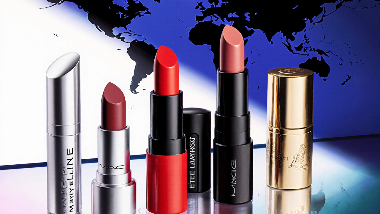 Fashion illustration of luxury lipstick tubes with sustainable packaging and a world map.
