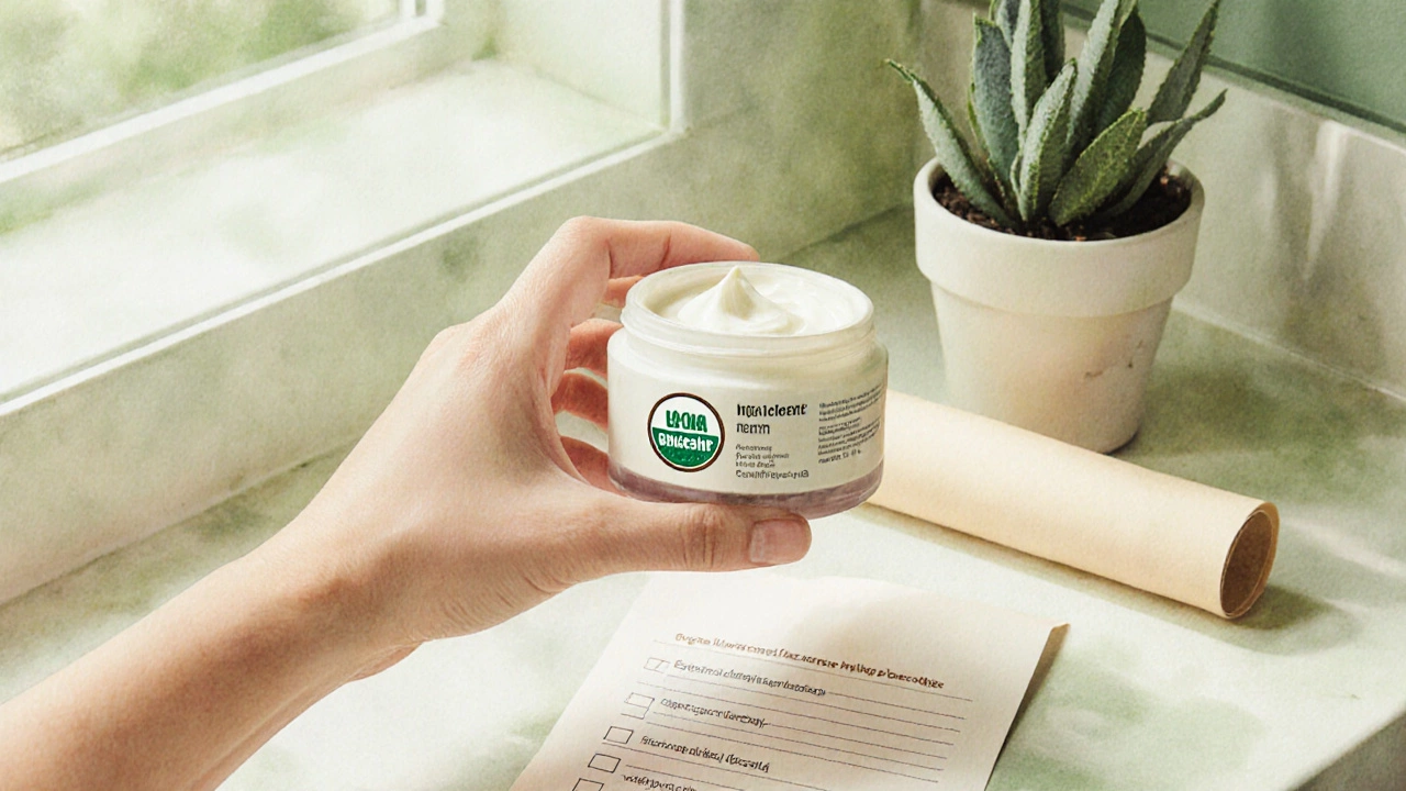 Hand holding a certified cream jar on a vanity next to a potted plant and checklist.