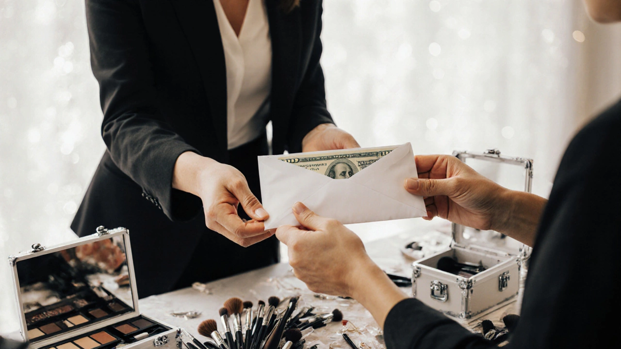 Hands exchanging a tip envelope to a wedding beauty professional amidst makeup supplies.