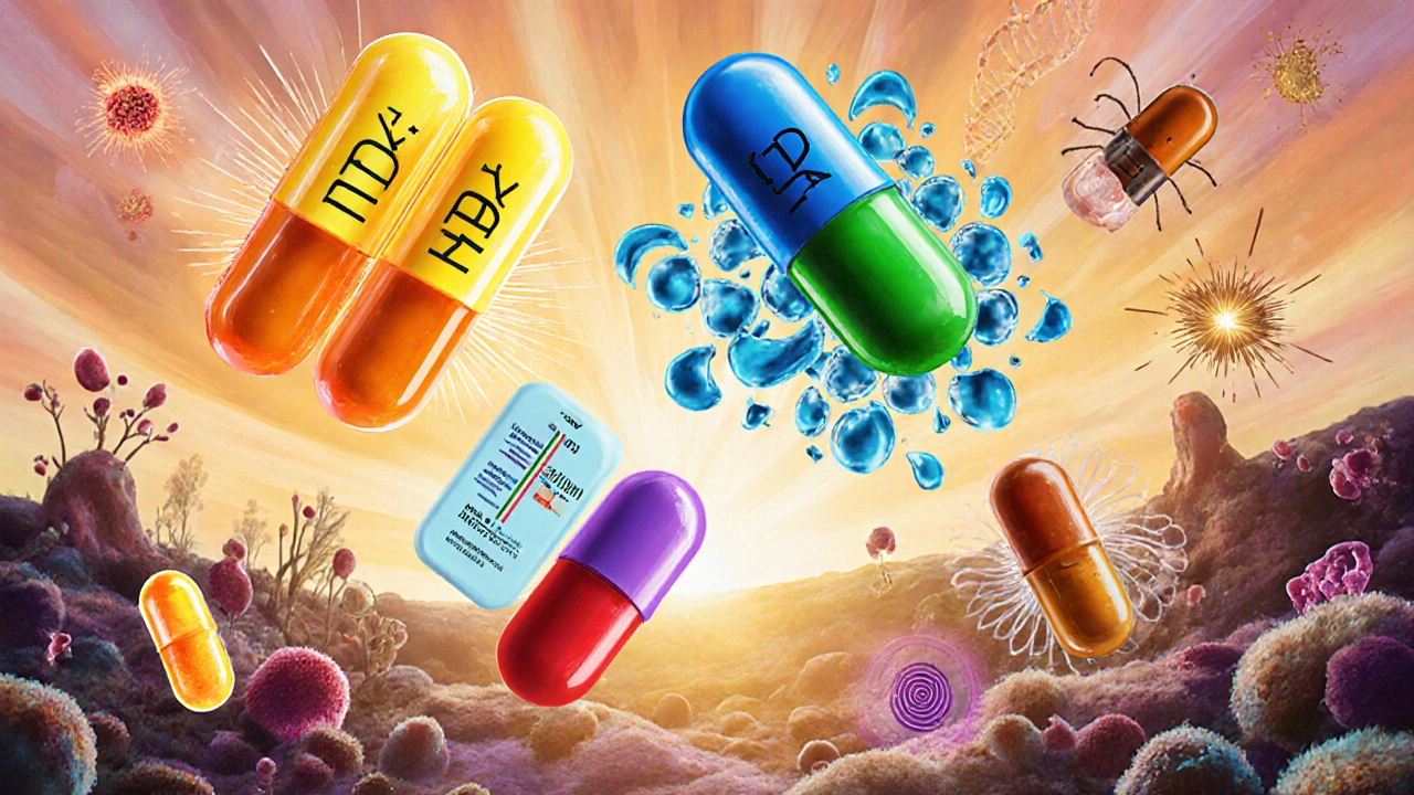 Illustrated collage of six anti‑aging compounds with cellular and molecular background.