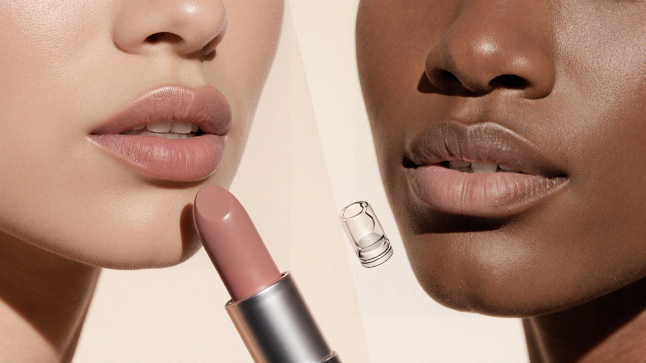 Illustration of a woman applying a creamy‑matte lipstick with a refillable cartridge.