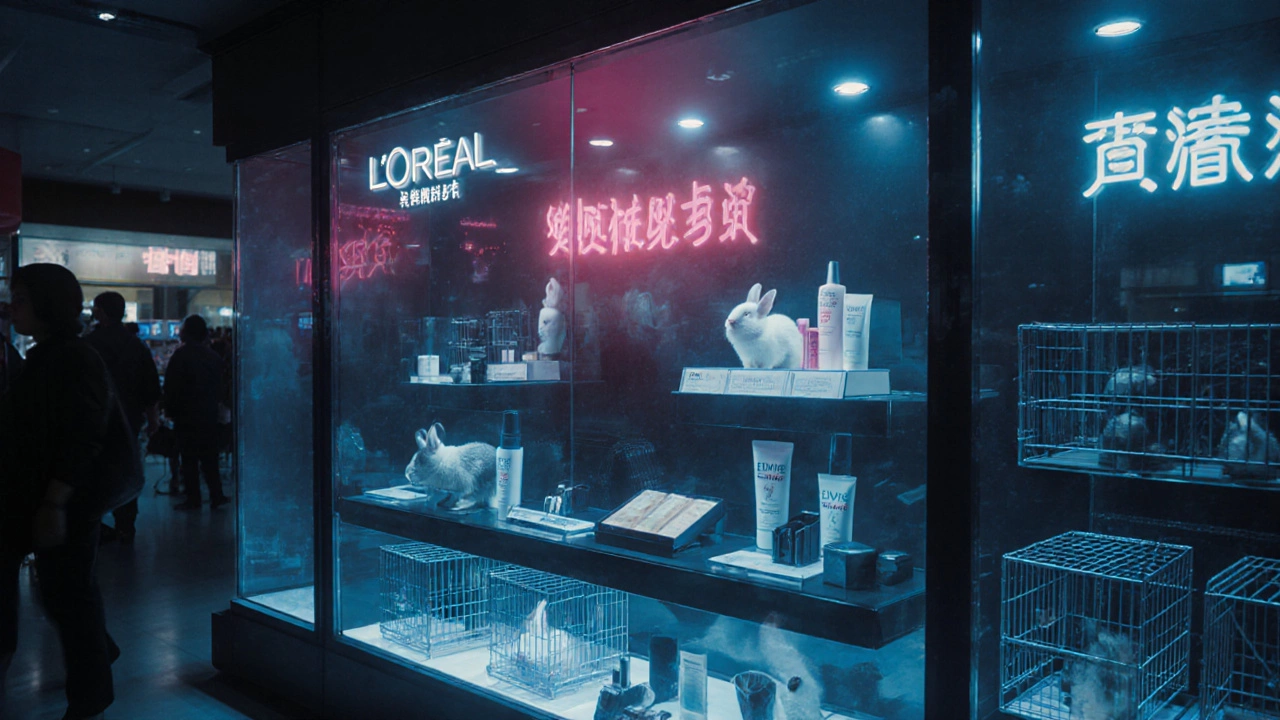 L’Oréal cosmetics on a Shanghai shelf with faint shadow of lab rabbits in reflection.