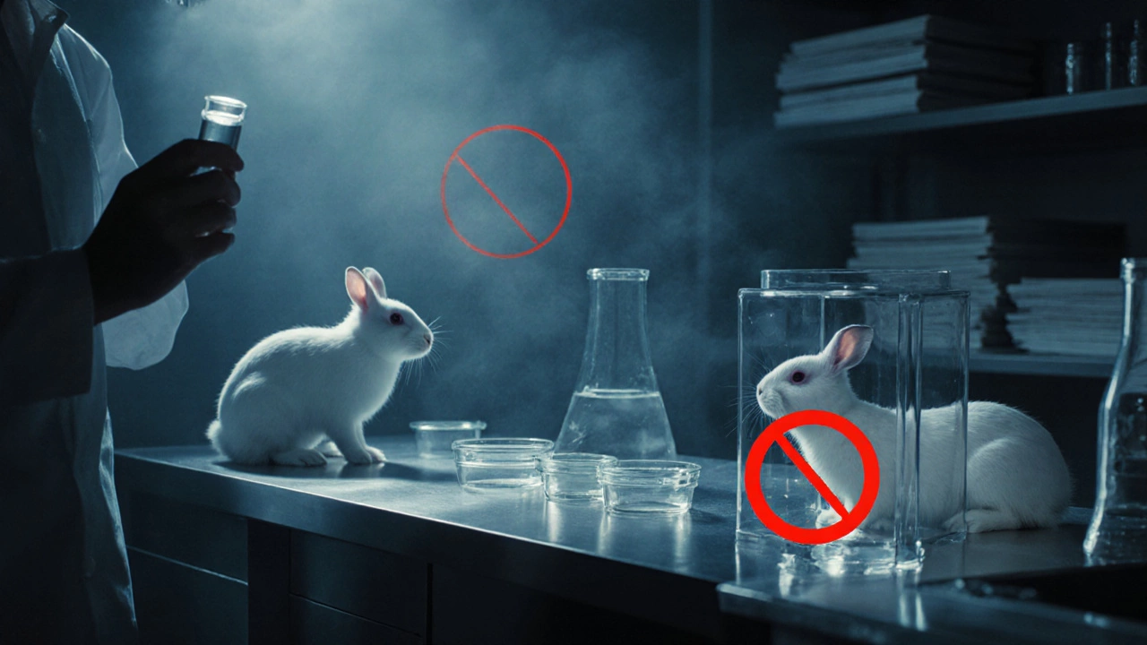 Lab rabbit in enclosure with a red no‑testing overlay amid scientific equipment.