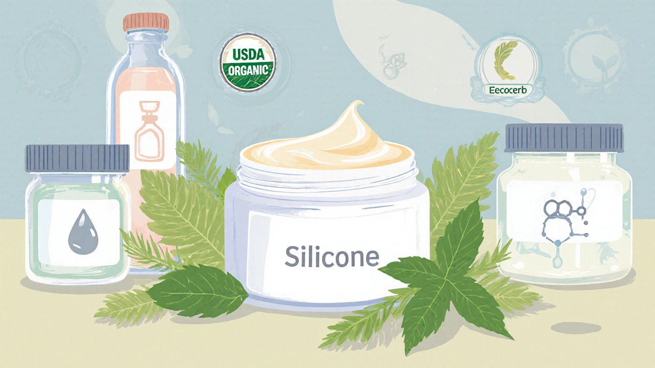 Lab table with jars showing fragrance, silicone, and paraben icons among plant leaves.