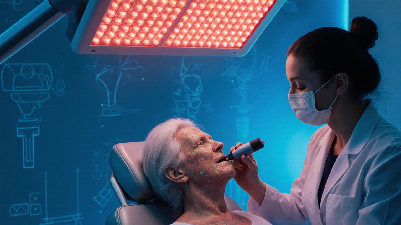 Microneedling procedure on a mature client with red LED light therapy.