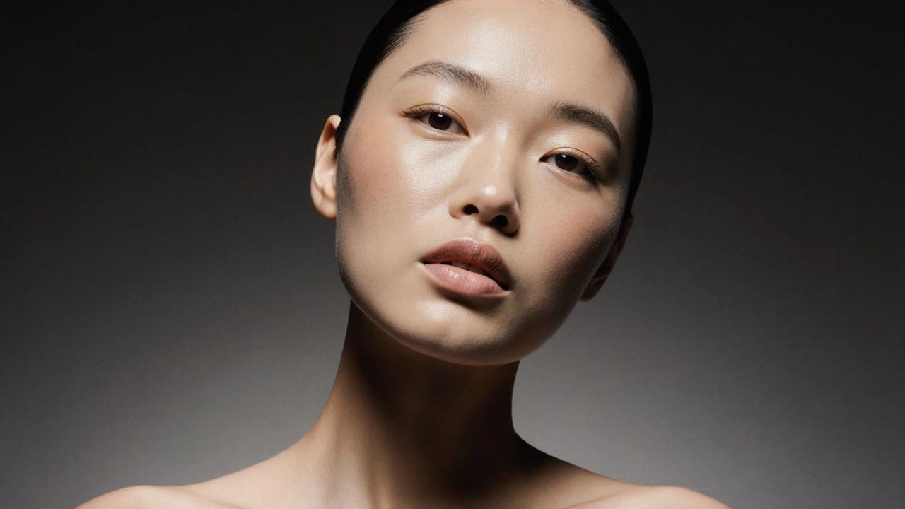 Model with radiant skin showing layered pre‑makeup products under studio lighting.