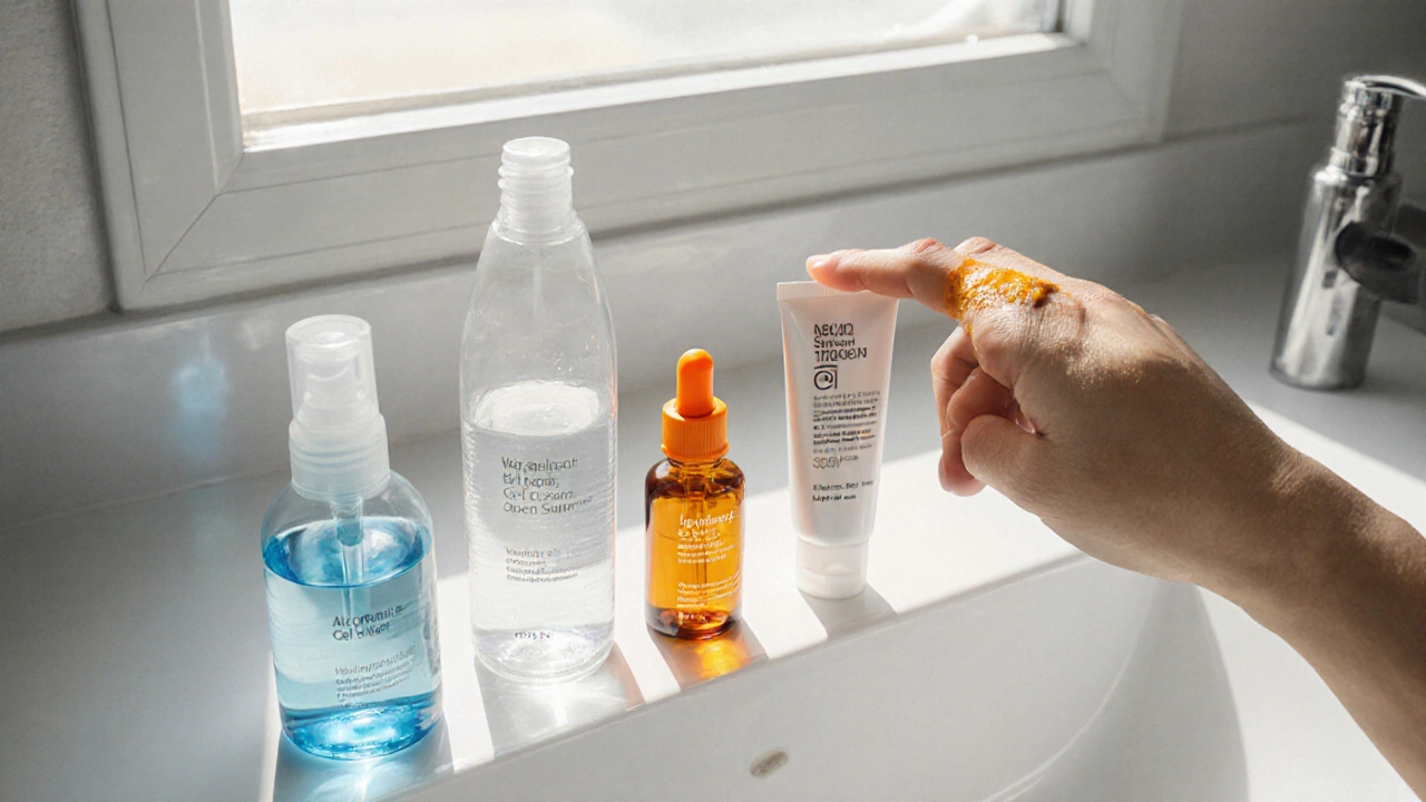 Morning bathroom vanity showing cleanser, toner, serum, moisturizer, and sunscreen under soft daylight.