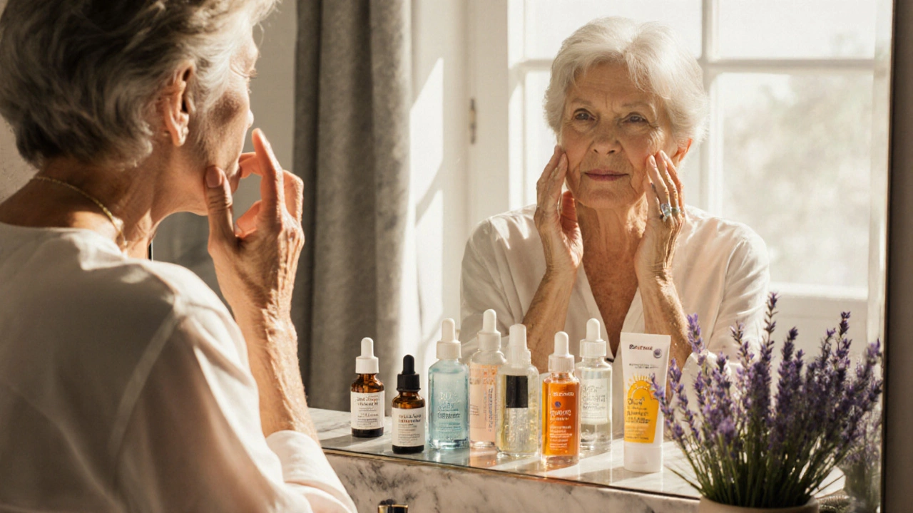 Morning vanity scene showing skincare products and a woman applying serum.