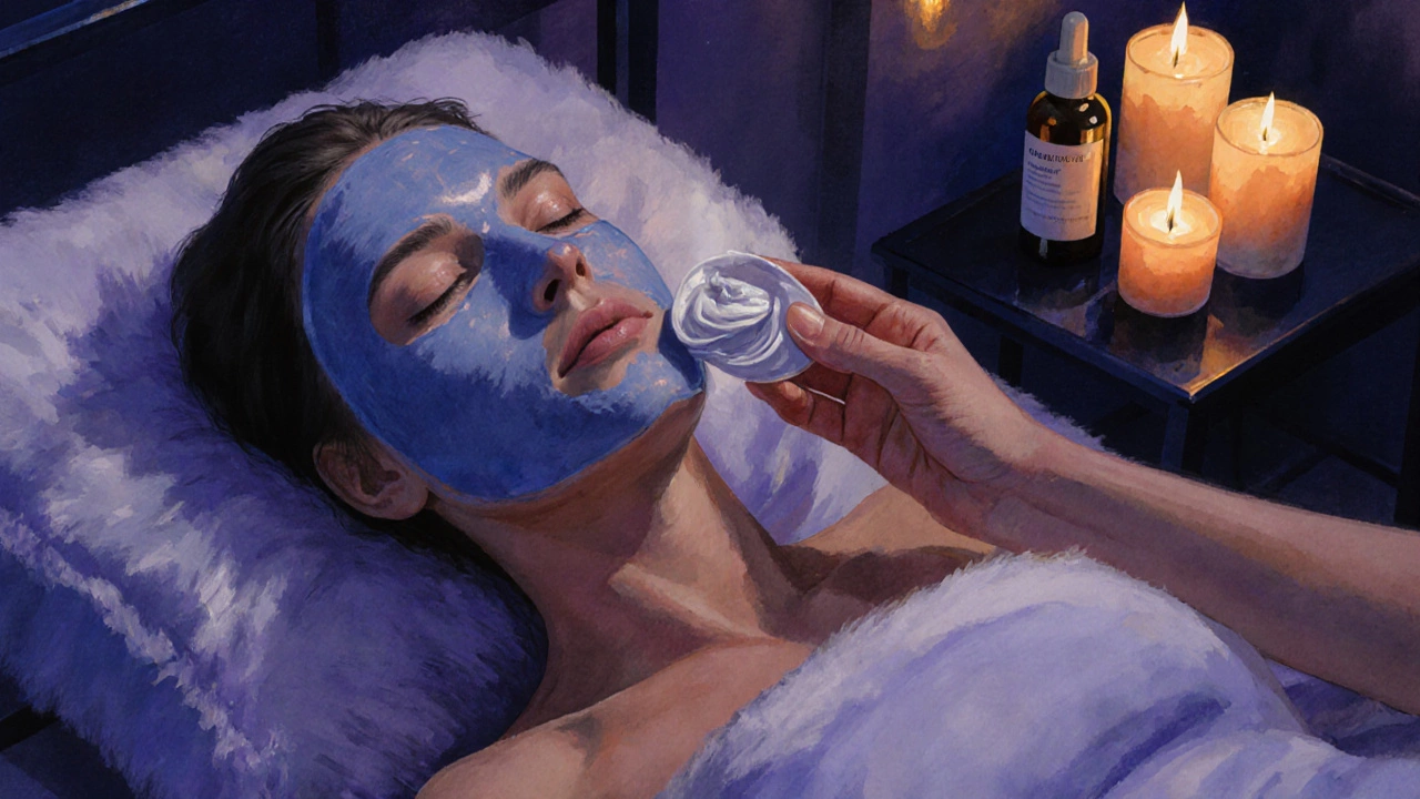 Nighttime routine with a relaxed face wearing a sheet mask, hand applying night cream beside candles.