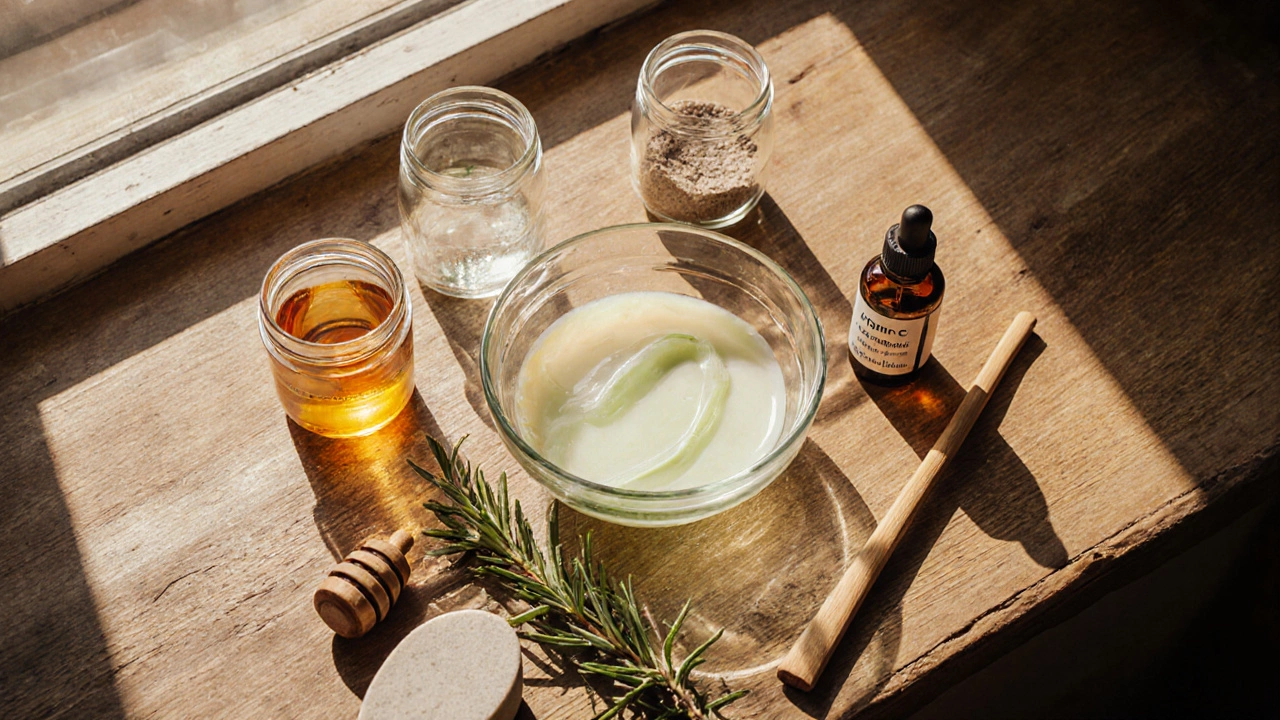 Overhead view of DIY face tightener ingredients on a kitchen countertop.