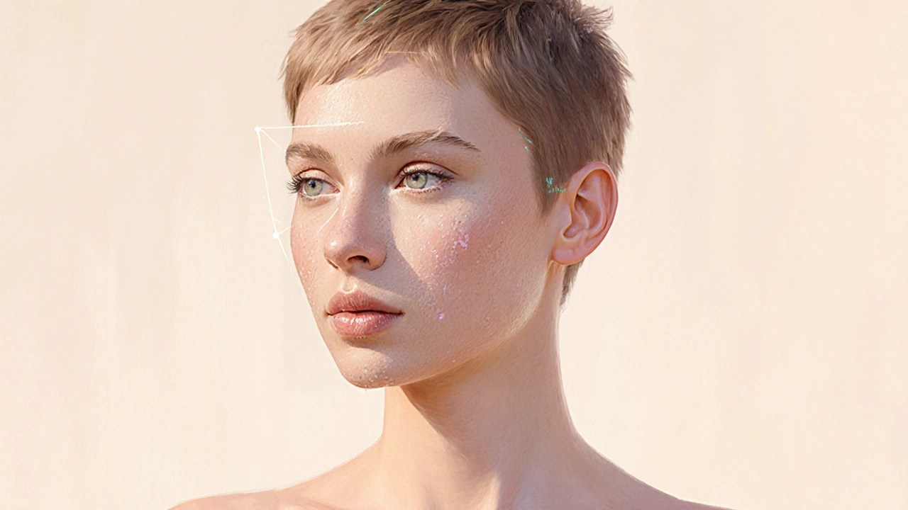 Pastel illustration of a pixie‑cut woman with highlighted facial ratios emphasizing jawline and youth.