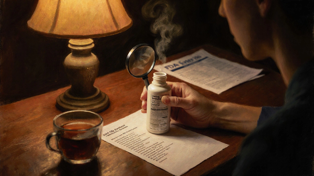 Person examining a lotion's ingredient list at a desk lit by a warm lamp, emphasizing careful label reading.
