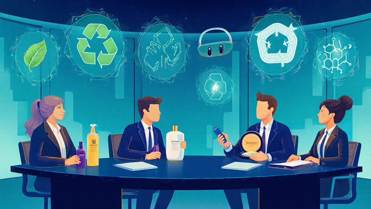 Roundtable with four figures holding different beauty products, holographic sustainability and digital icons above.
