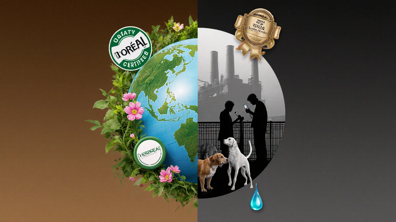 Split globe: cruelty-free brands in nature vs. L’Oréal with caged animals in shadow.