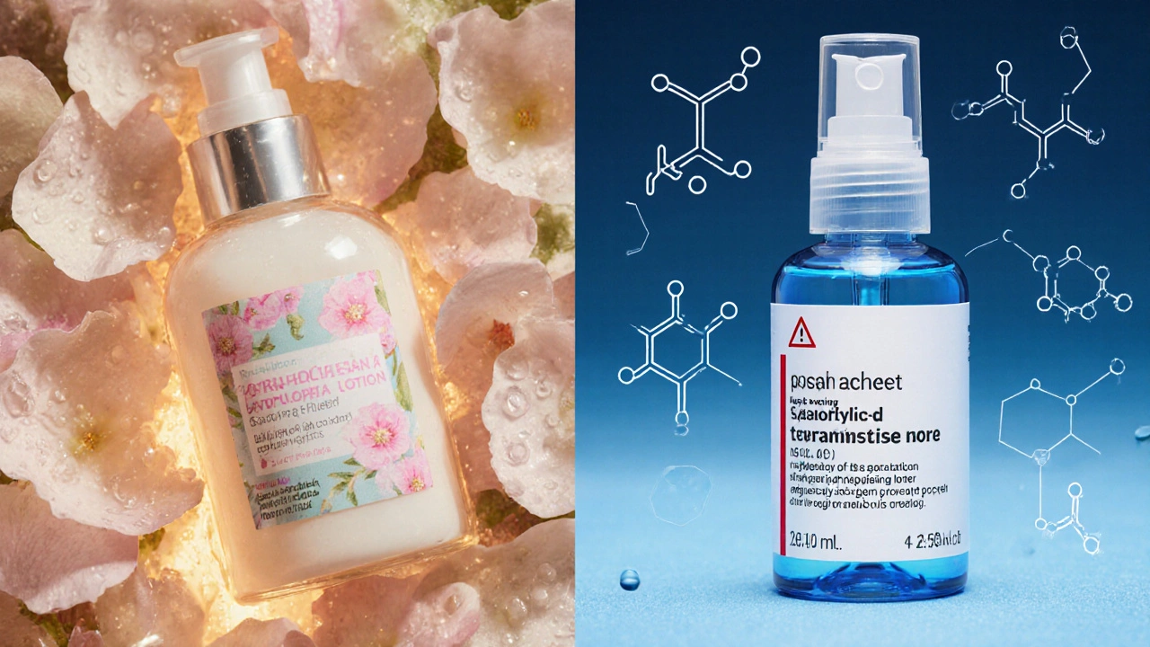 Split illustration showing a floral cosmetic lotion versus a clinical drug lotion with molecular outlines.
