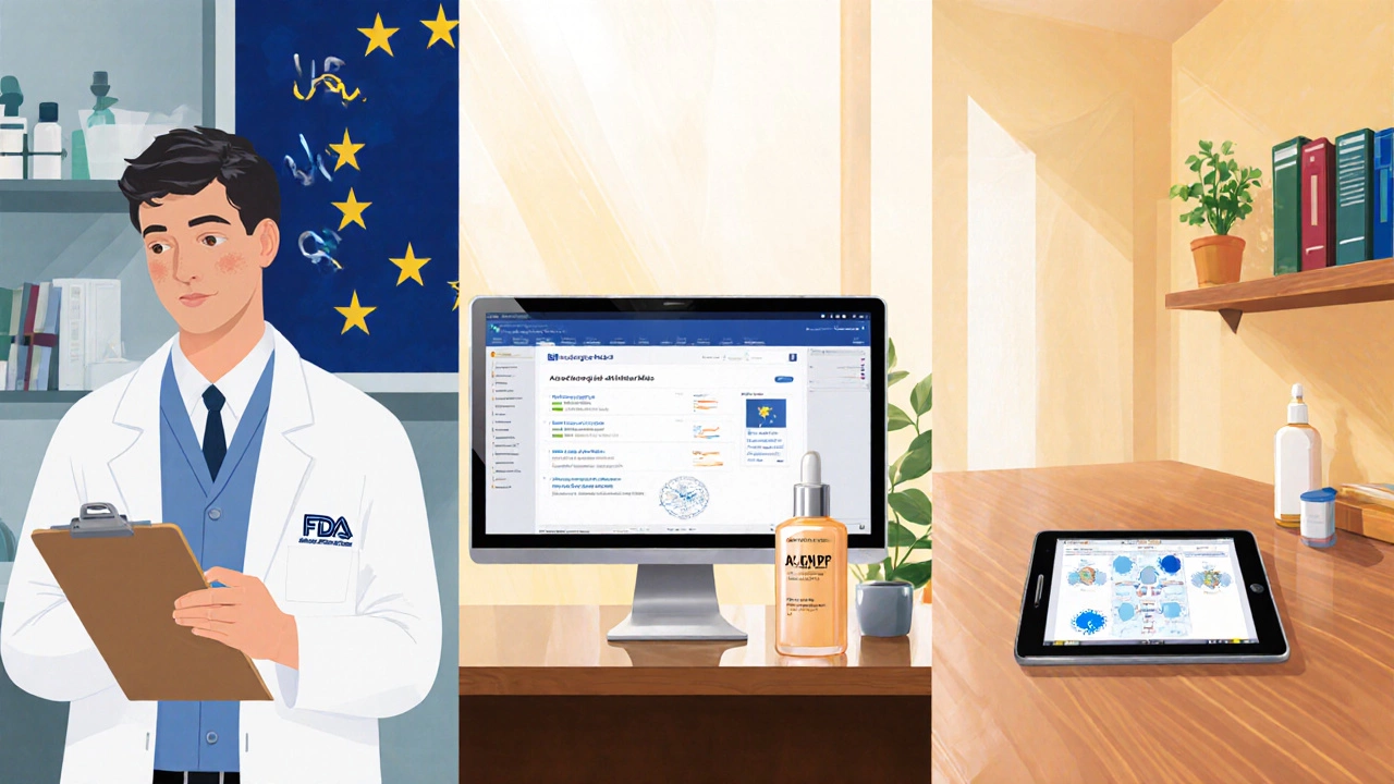 Three regional scenes showing scientists and regulators examining moisturizers in the US, EU, and Australia.