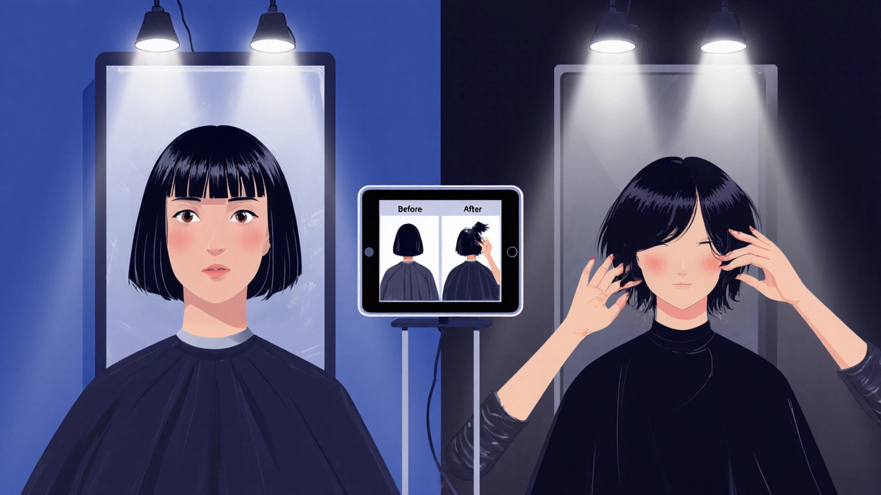 Two styling stations side by side: one with a flawless haircut, the other with a botched cut, highlighting service inconsistency.