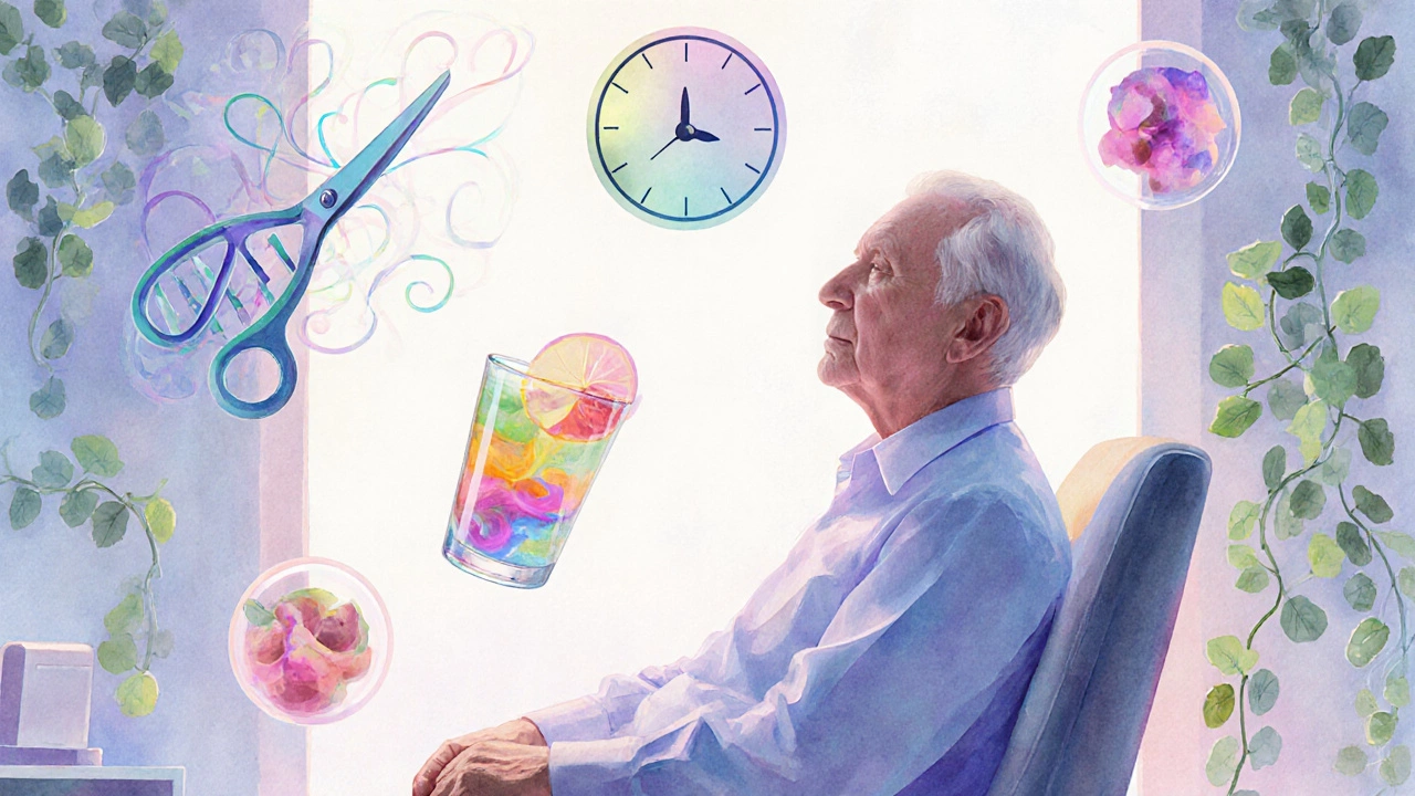 Watercolor scene of a person surrounded by DNA, epigenetic clock, and wellness symbols.