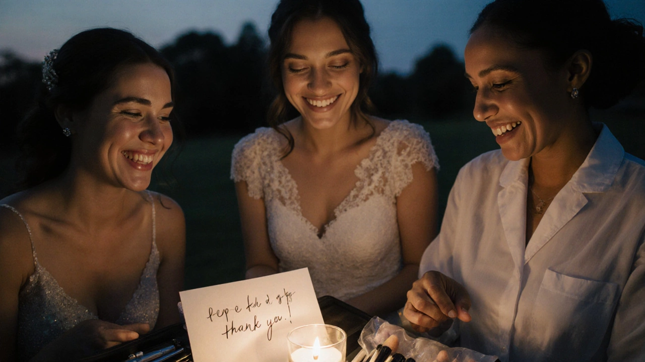 Wedding beauty team packing up their tools with a thank-you note and small gift on their kit.