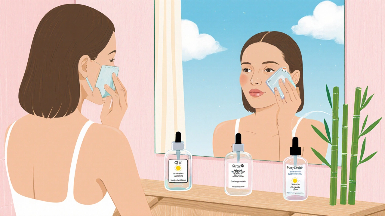 Woman applying cleanser, toner, serum, and sunscreen in front of a bright bathroom mirror.