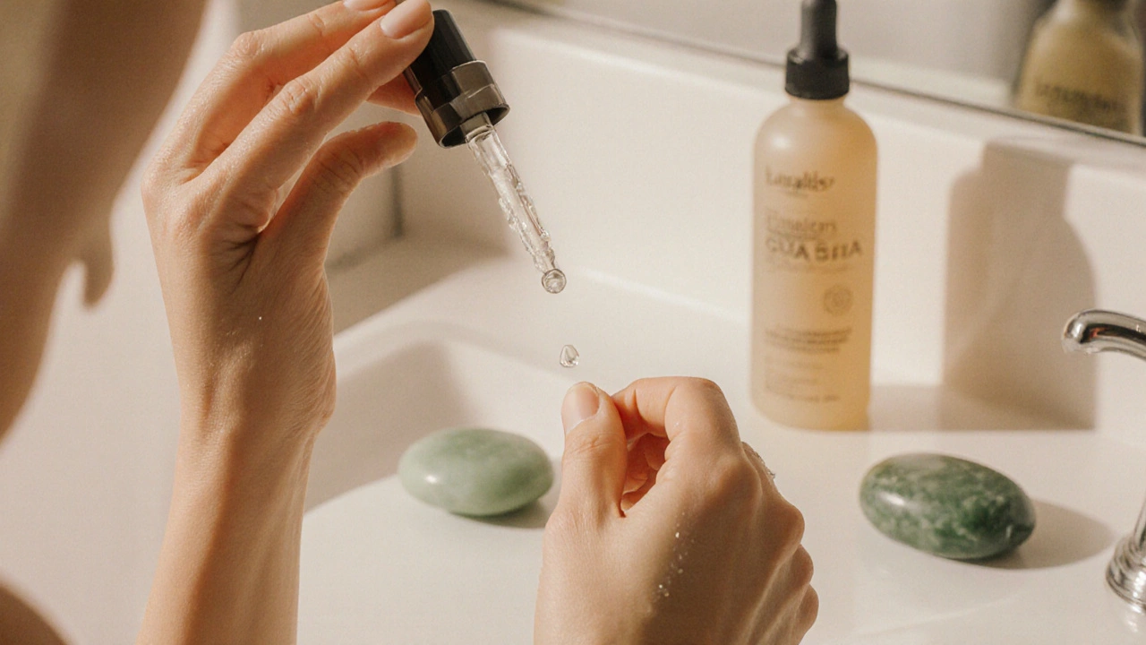 Woman applying serum and preparing to use a Gua Sha stone in a bathroom.