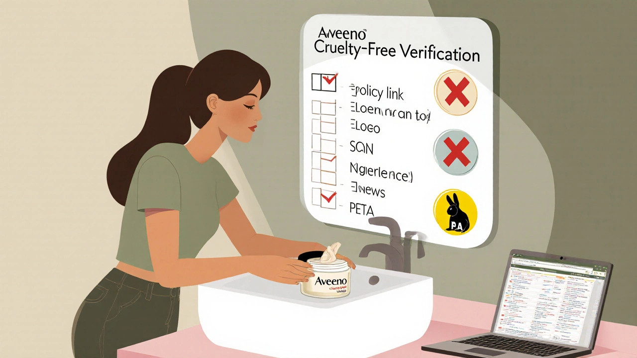 Woman checking an Aveeno jar with a verification checklist and crossed‑out cruelty‑free logos.
