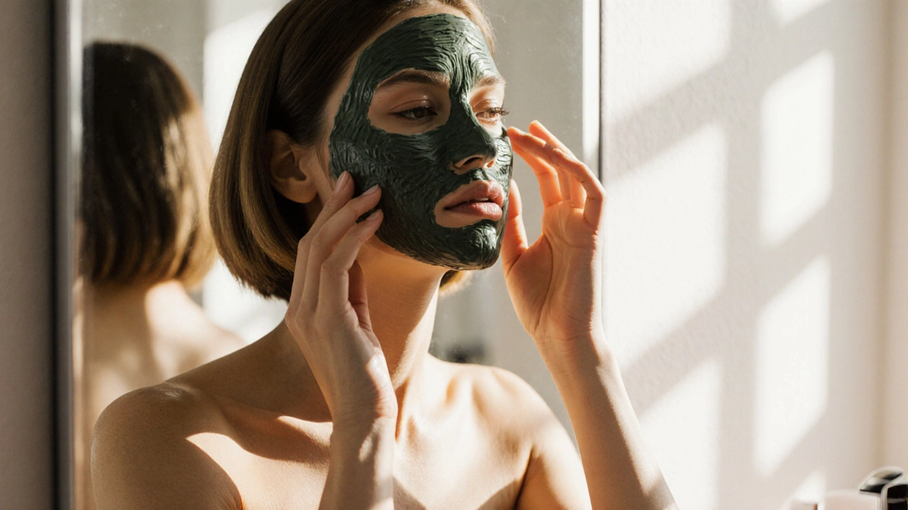 Woman with a bob haircut applying a brightening facial mask in sunny, soft‑focused vanity setting.