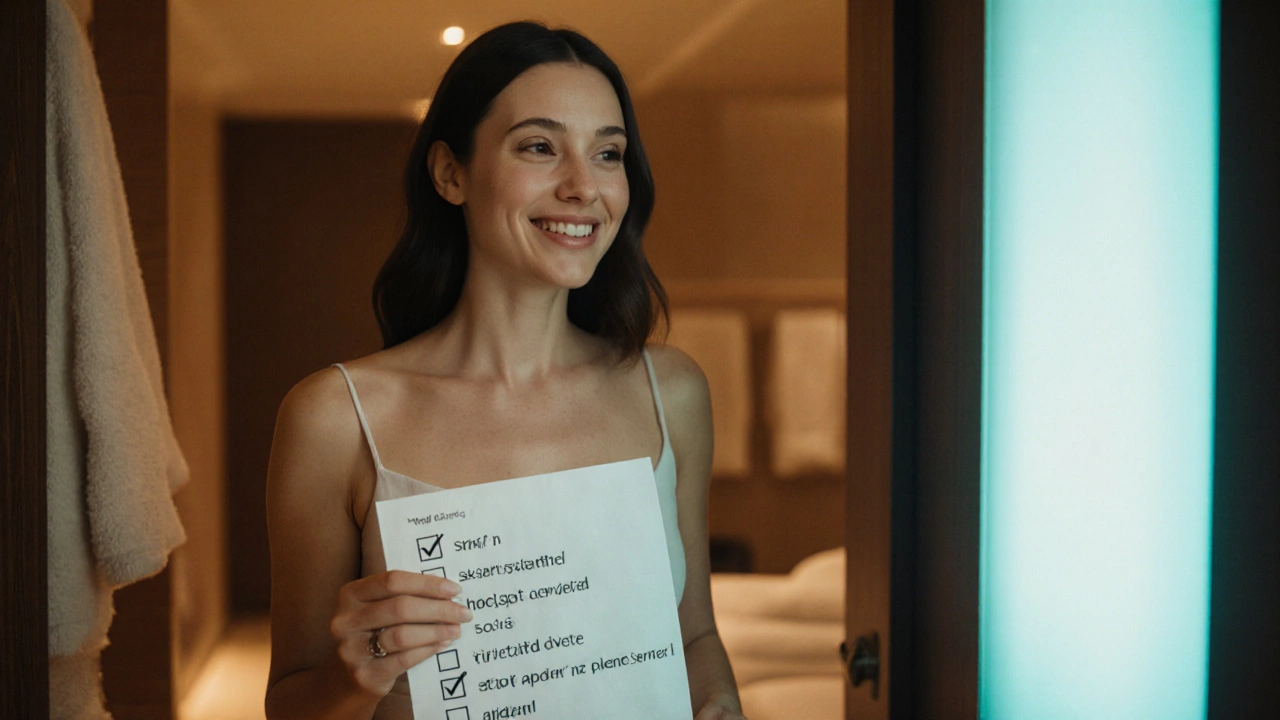Woman with glowing skin holding a post‑facial checklist after treatment.