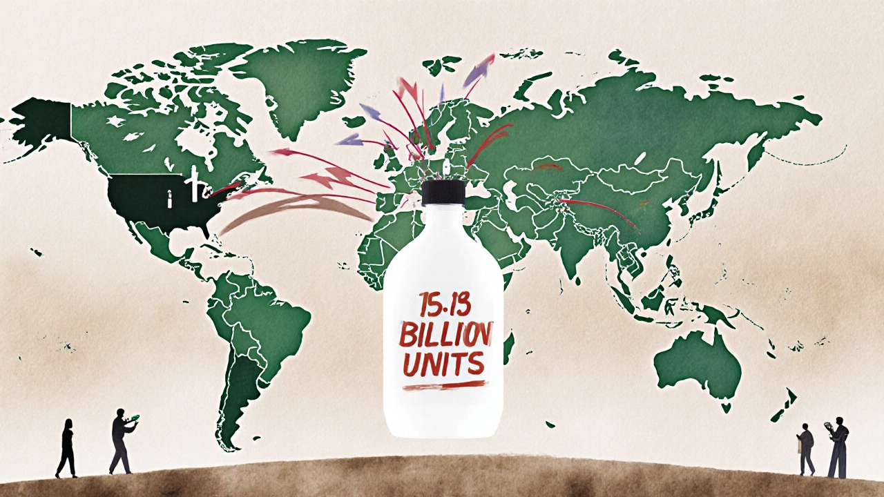 A global map with arrows showing shampoo sales volume from major countries converging into one large bottle.