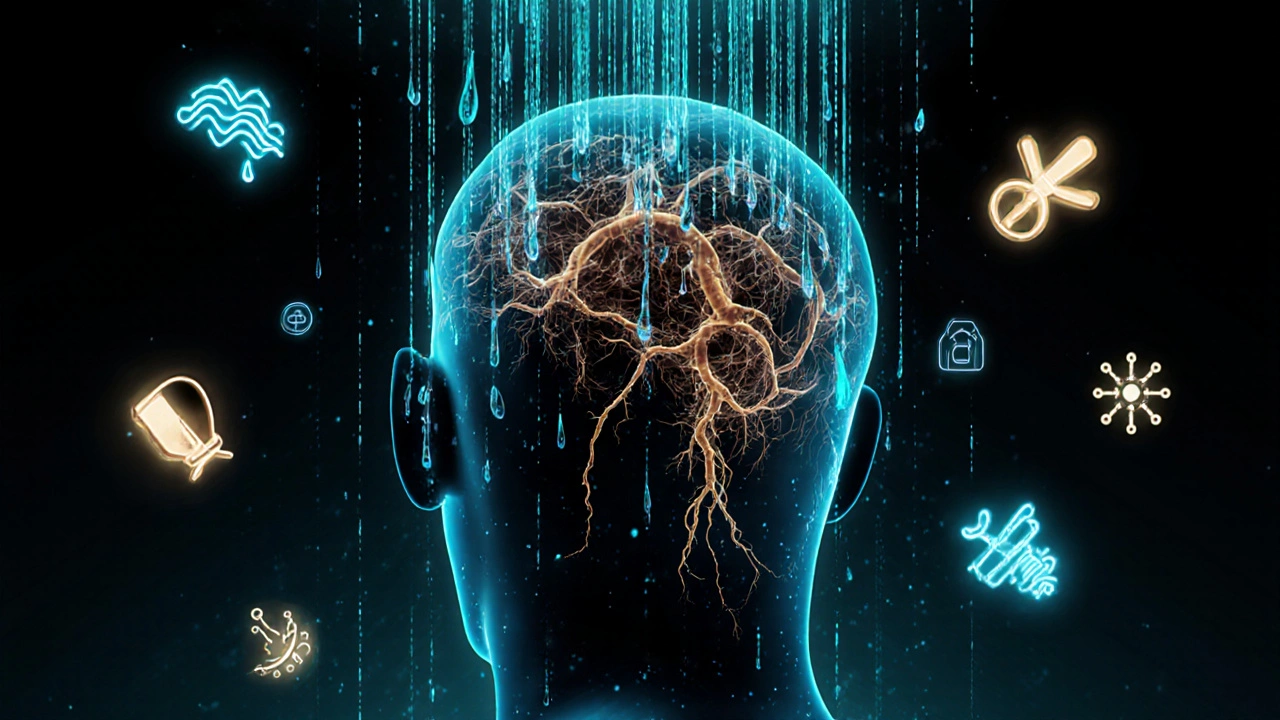 A glowing scalp with nourishing serum droplets countering blue light and pollution.