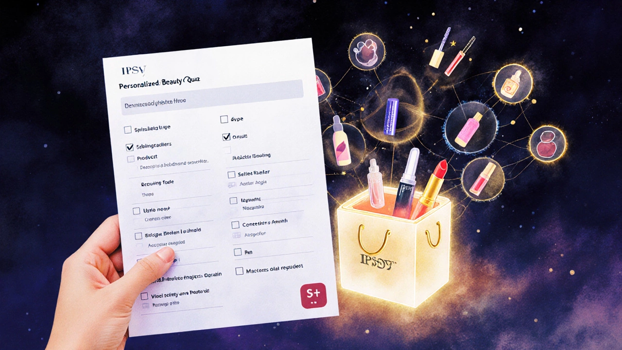 A hand holding a beauty quiz with digital icons of makeup items swirling into a glowing IPSY bag, representing personalized selection.