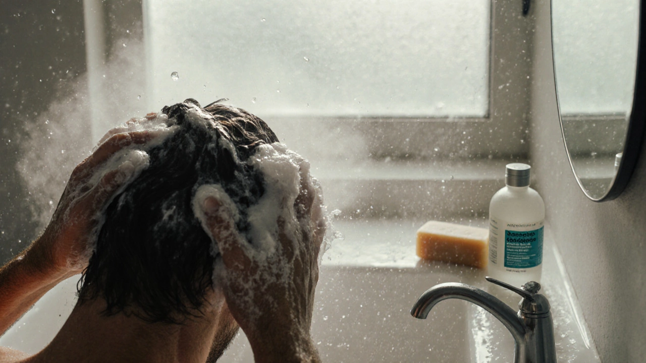A man washing his hair with shampoo, steam rising, refillable bottle and solid bar visible nearby.