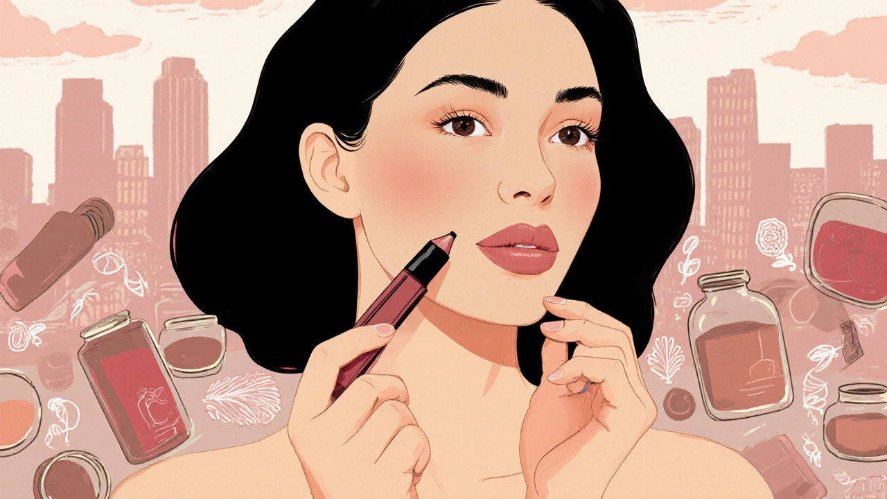 A woman applying a multi-use tint with her fingers, surrounded by eco-friendly packaging.