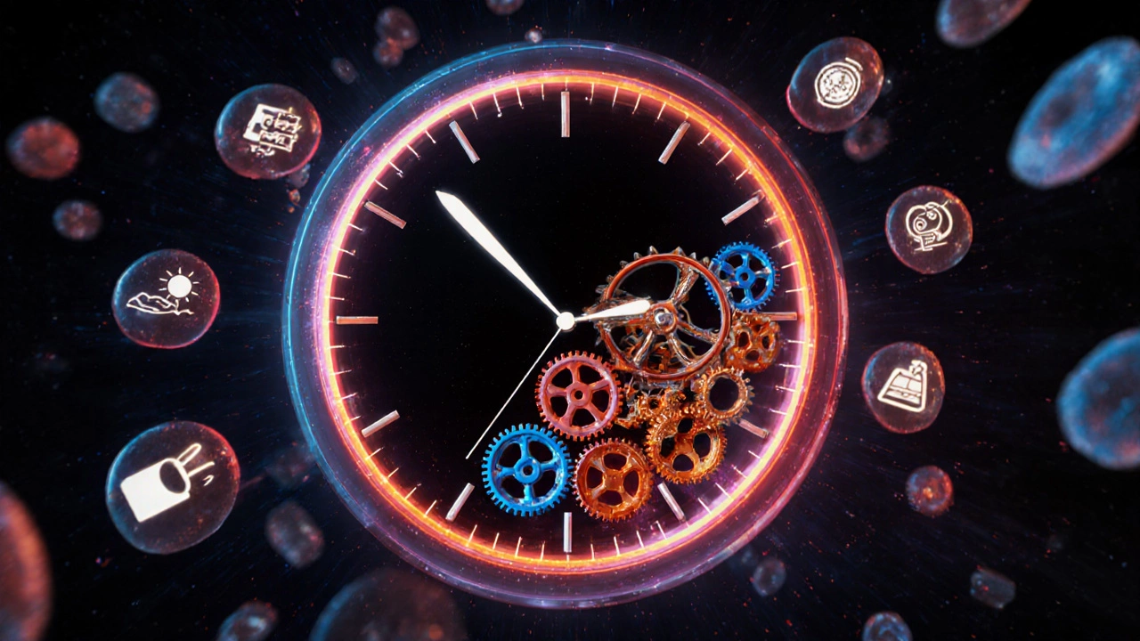 Biological clock with speeding cell gears between ages 30 and 40, symbolizing rapid aging.