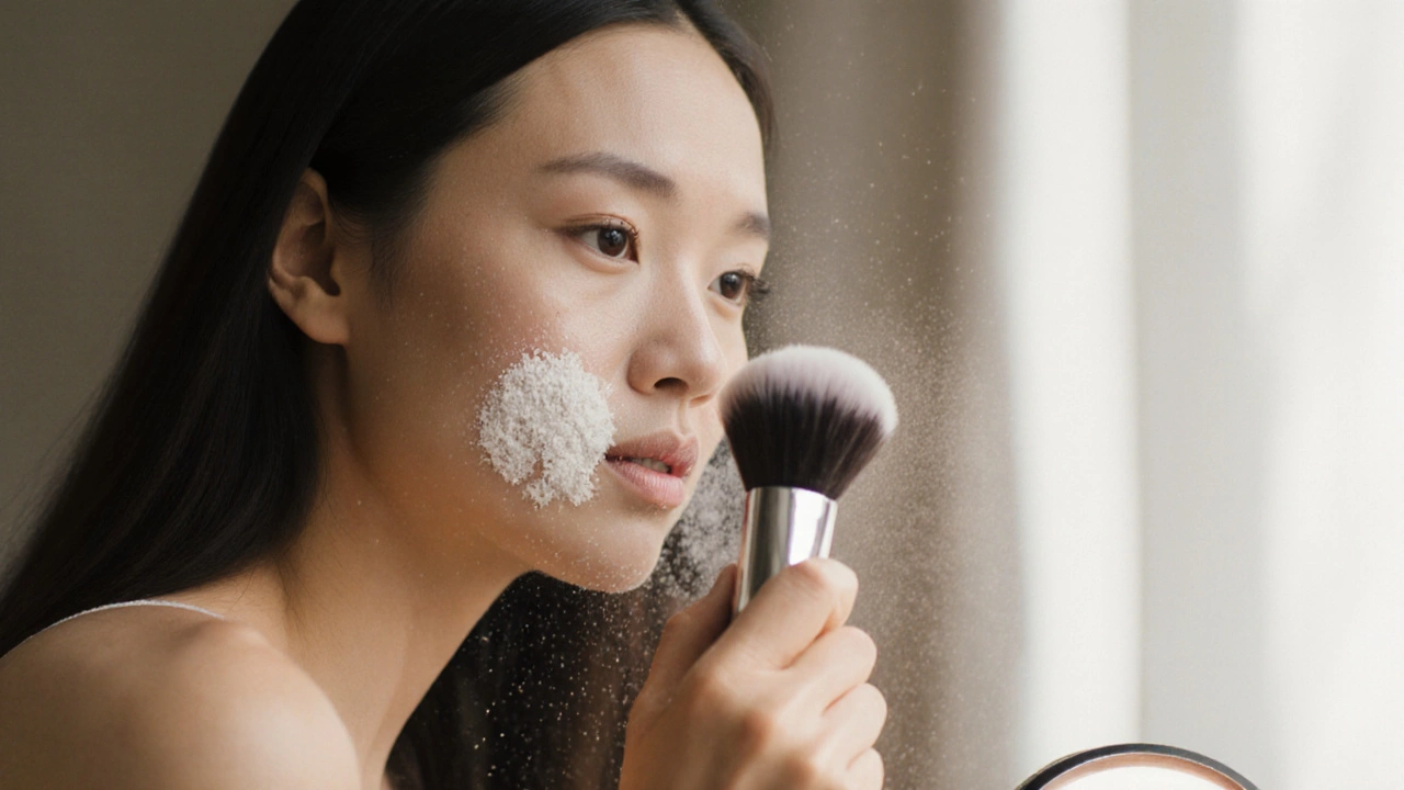 Hand applying translucent powder to a radiant, natural-looking complexion.