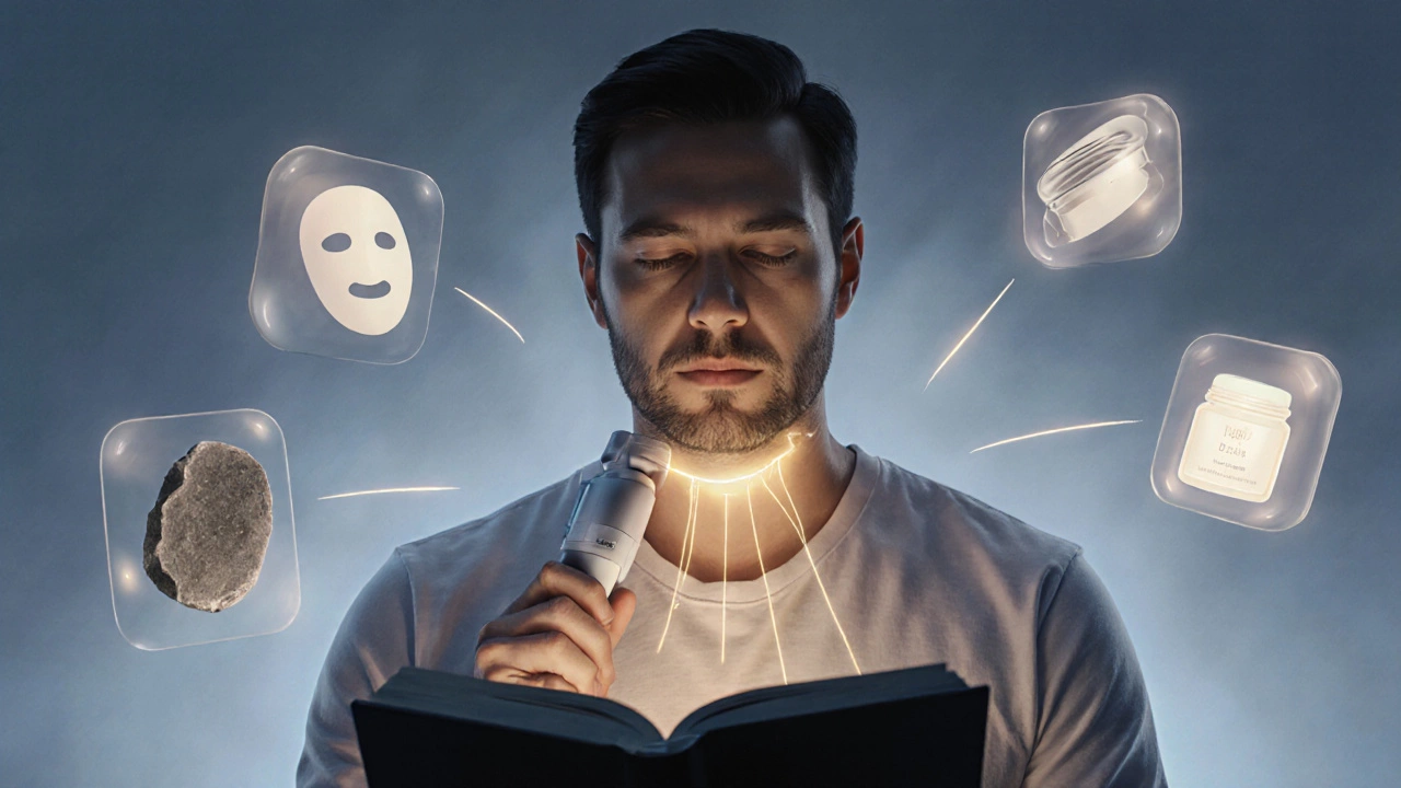 Man using at-home HIFU device, with effective treatments glowing and ineffective ones fading away.