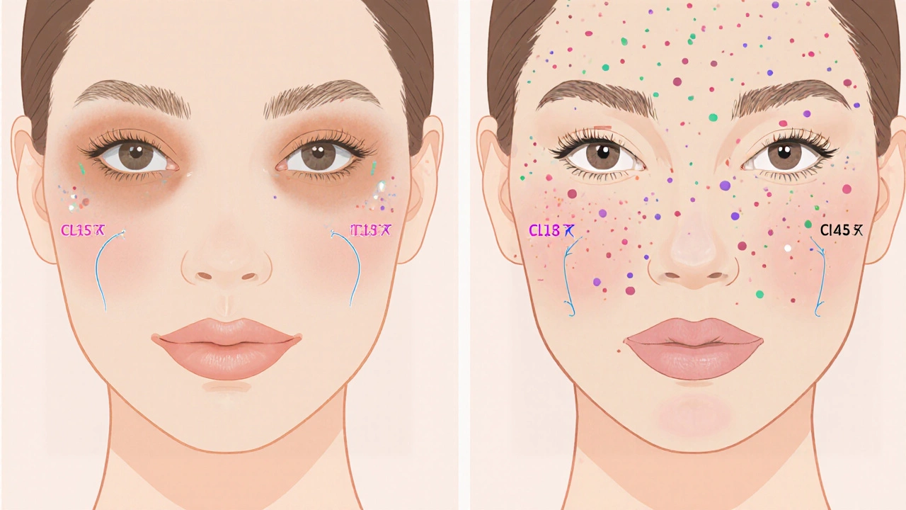 Side-by-side comparison of concealer-before and concealer-after foundation application methods.