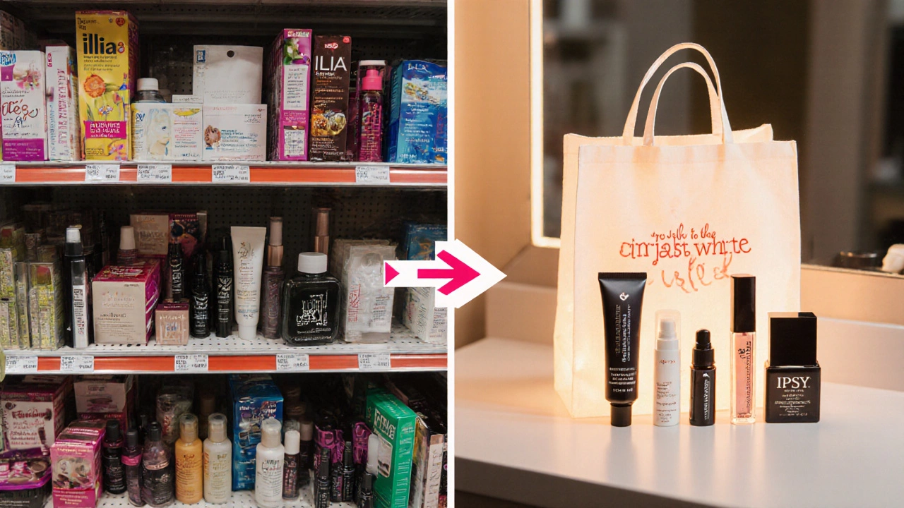 Split image showing generic drugstore beauty products on one side and curated IPSY samples on the other, symbolizing discovery.