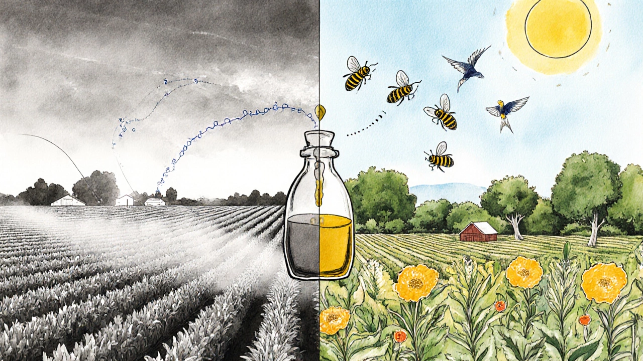 Split landscape: toxic farm on left, thriving organic farm on right, connected by transforming liquid.