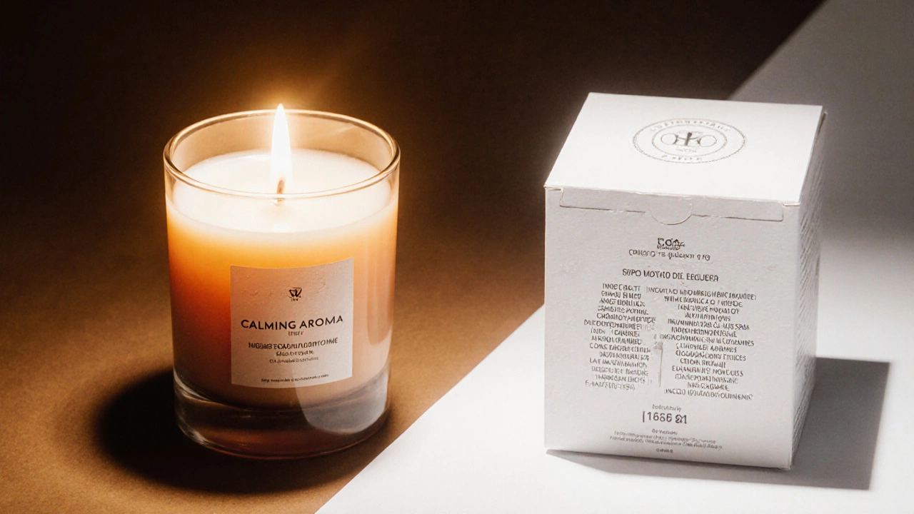 Two identical candles side by side, one labeled for fragrance, the other with FDA-compliant labeling.