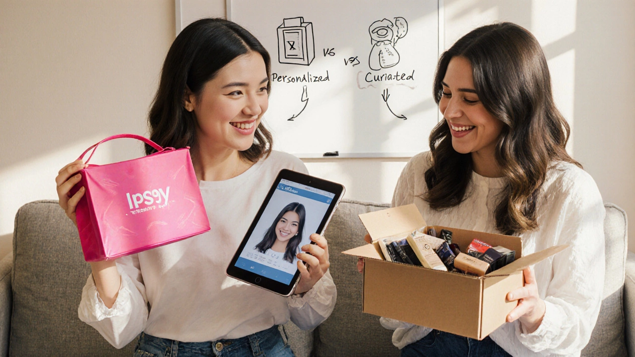 Two women comparing Ipsy and BoxyCharm beauty boxes in a sunlit apartment, smiling as they unbox their monthly hauls.